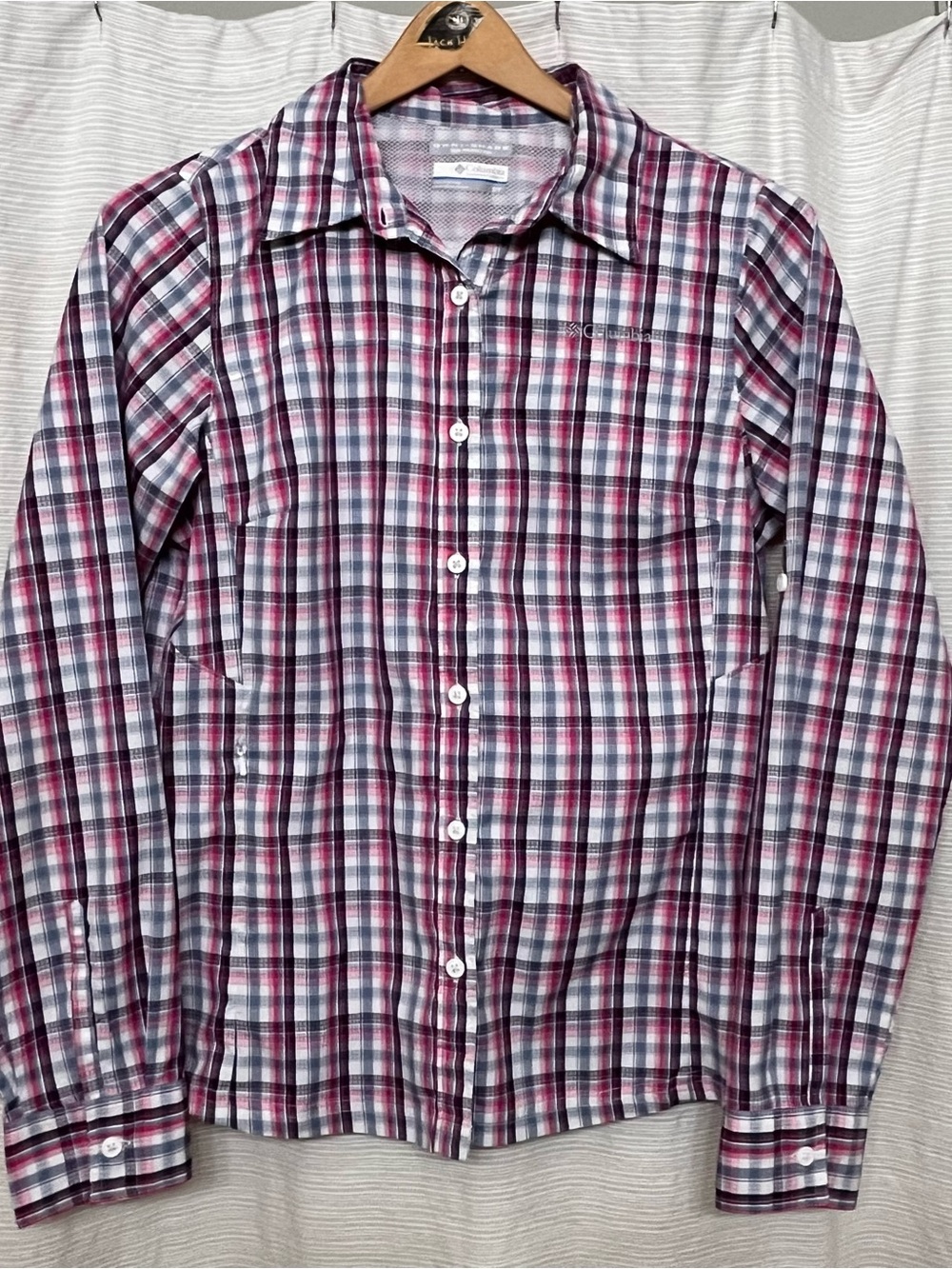 Columbia Women’s Plaid Button-Down Shirt - White & Pink & Blue